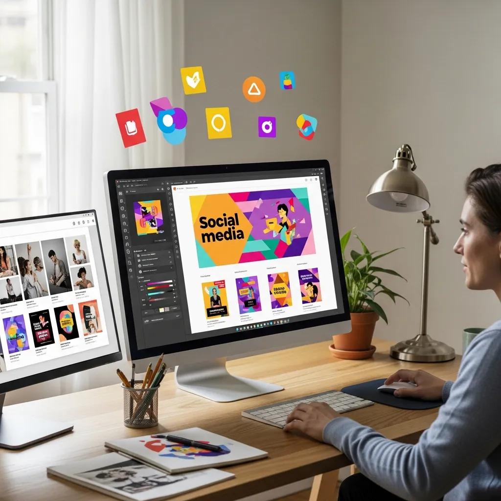 Person designing social media graphics using AI tools on a computer, showcasing vibrant templates and visuals