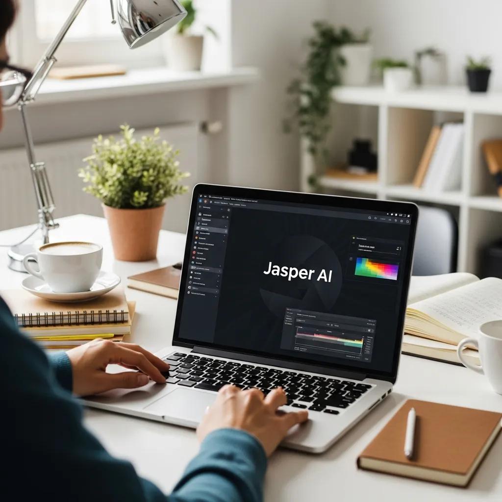 Person editing Jasper AI content at a modern workspace with a laptop, coffee, and notebooks