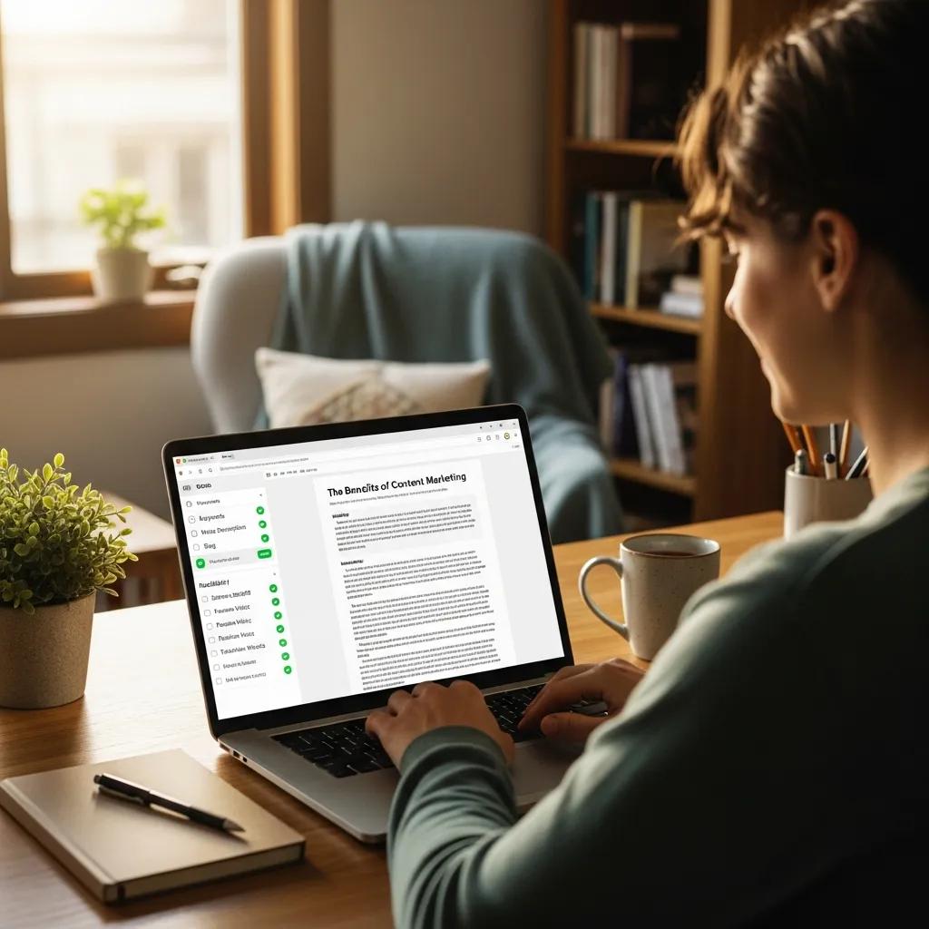 Person reviewing blog content for SEO and readability in a cozy home office setting