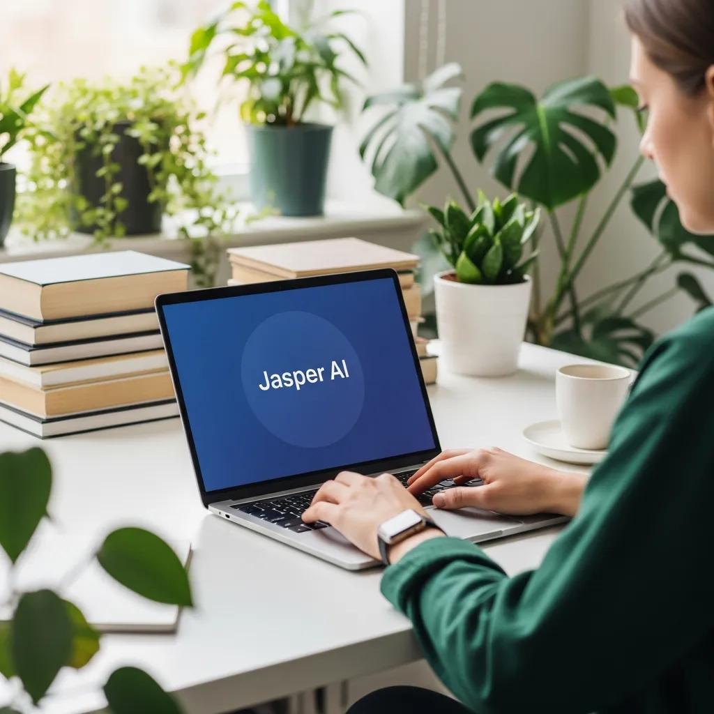 Person using Jasper AI at a modern workspace, emphasizing creativity and productivity in blog writing
