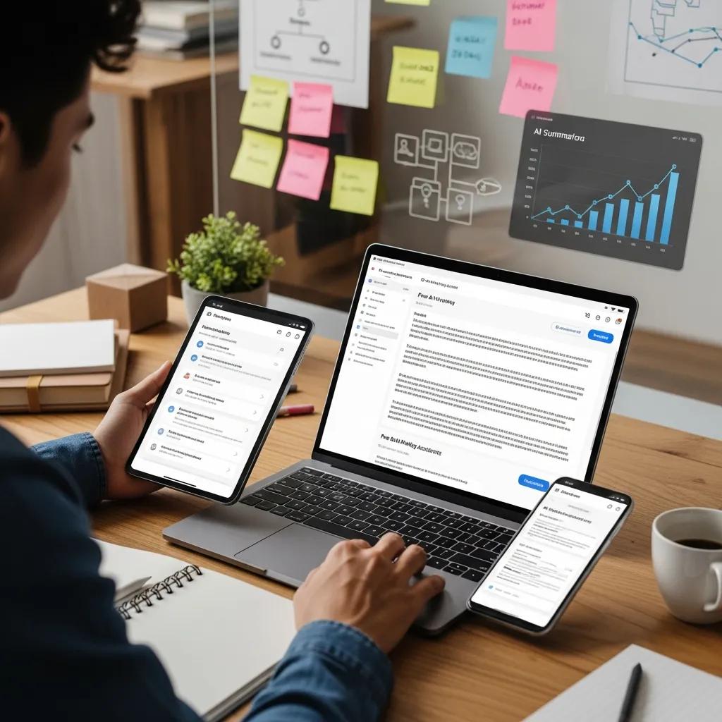 Person using multiple devices to maximize results with free AI copywriting software