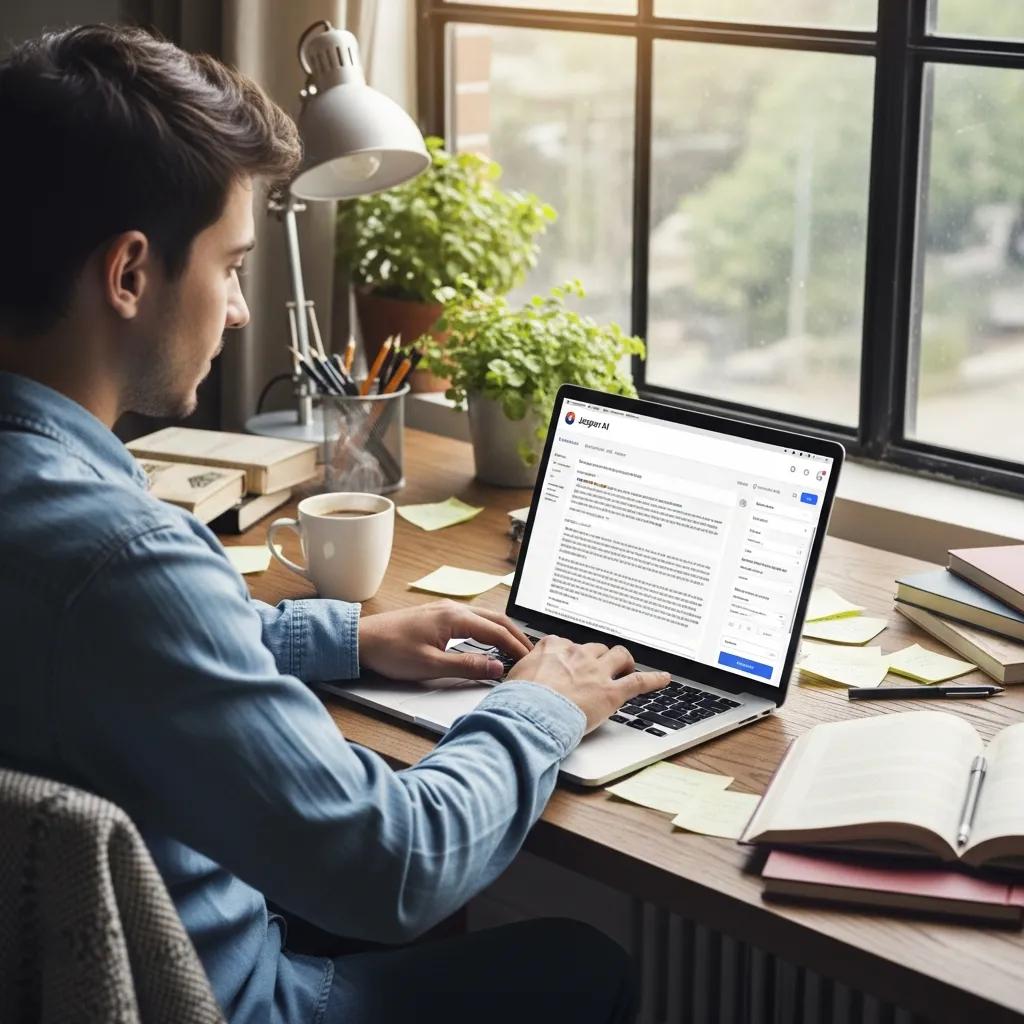 Close-up of a computer screen with Jasper AI interface, illustrating the setup for writing SEO-optimized long-form blogs