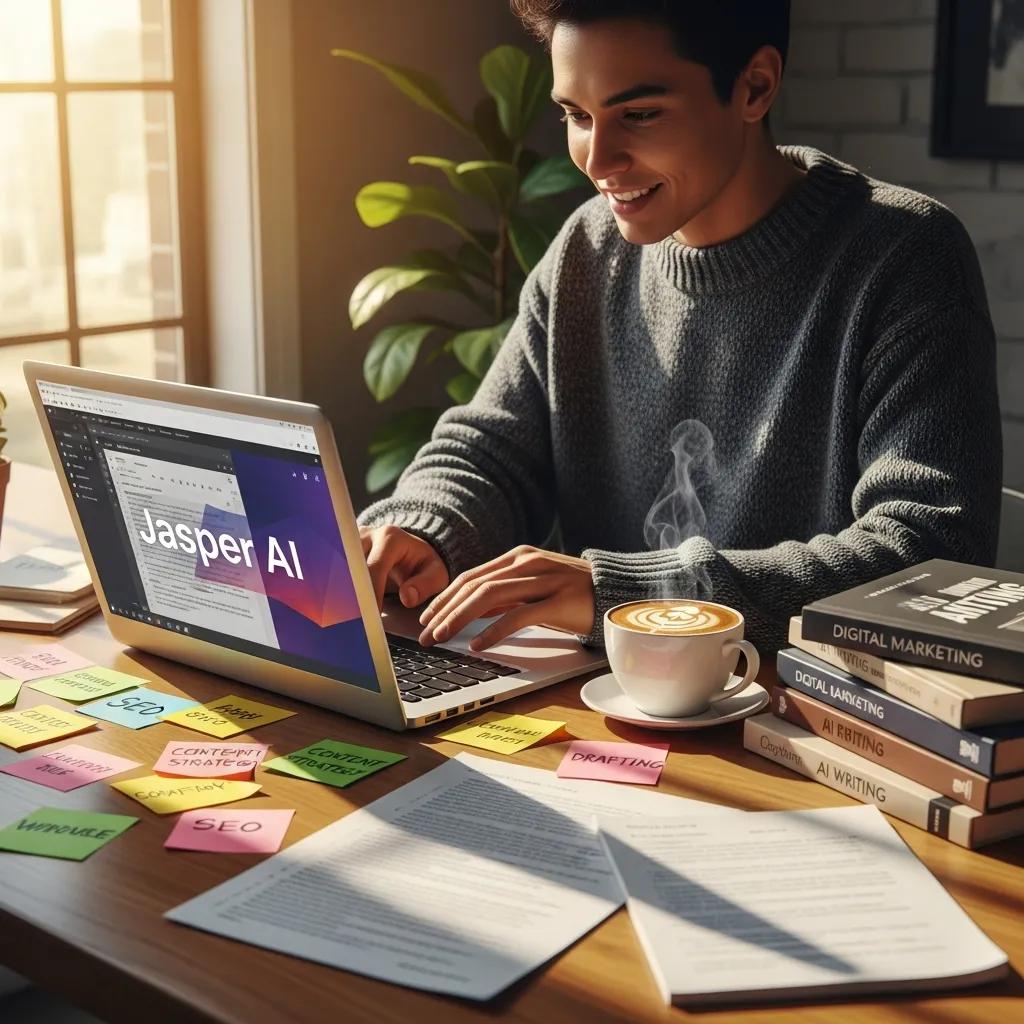 Person writing a blog post with Jasper AI in a cozy workspace