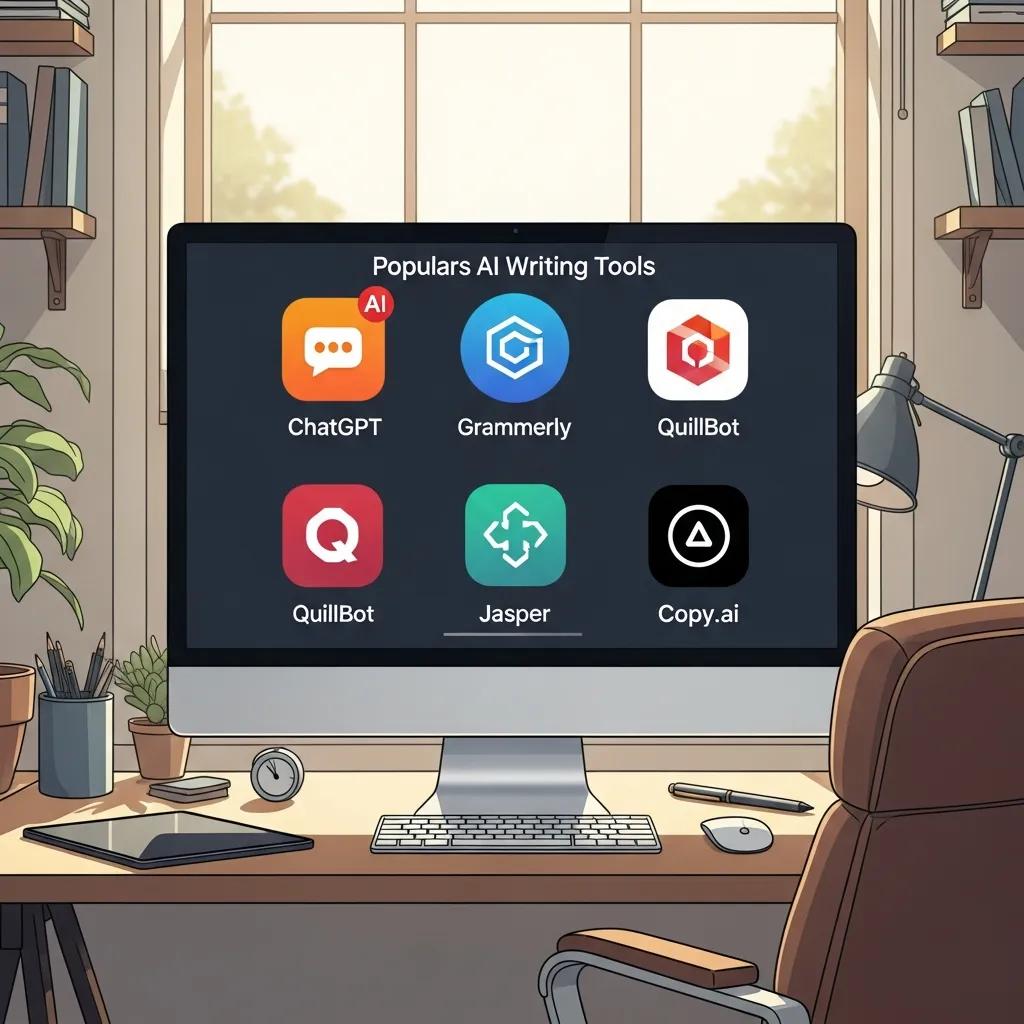 Popular AI writing tools displayed on a computer screen in a modern workspace