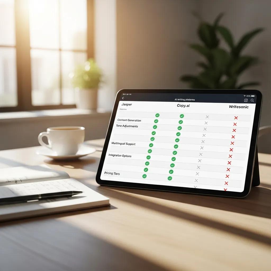 Side-by-side comparison of AI writing platforms displayed on a digital tablet in a bright workspace