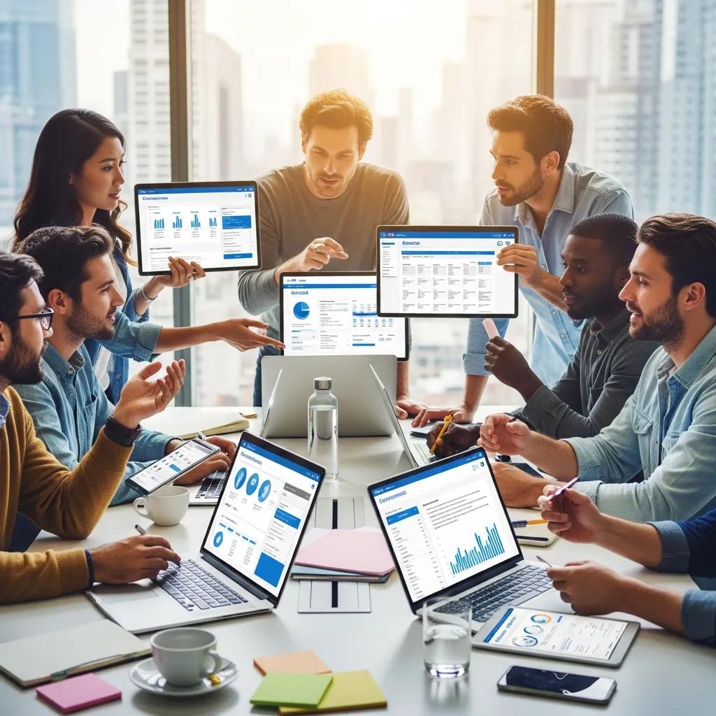 Team collaboration on SEO strategies with laptops and digital tools, emphasizing teamwork in content creation