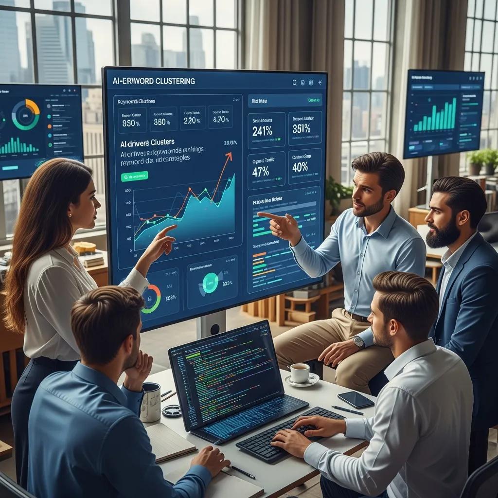 Team collaboration showcasing the benefits of AI-driven keyword clustering for SEO and content marketing