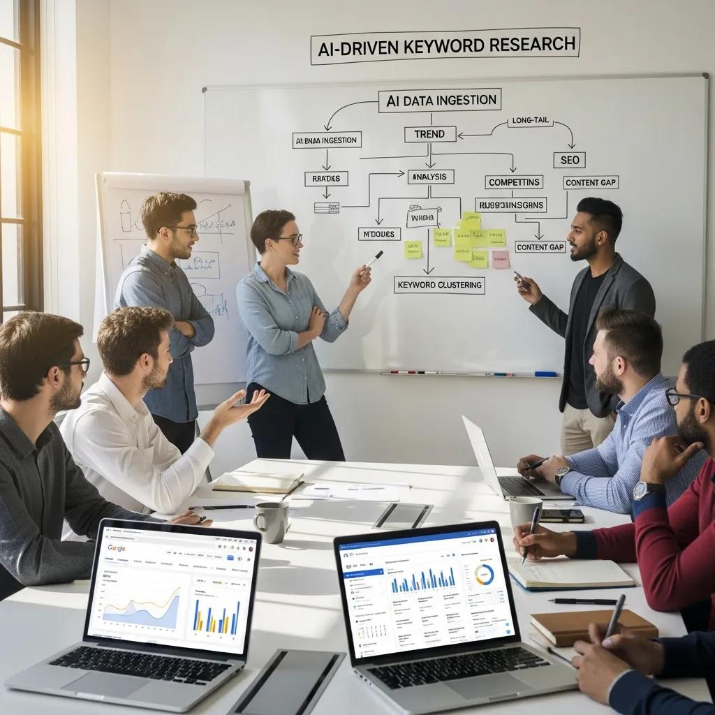 Team meeting discussing the implementation of AI tools for competitor keyword strategy