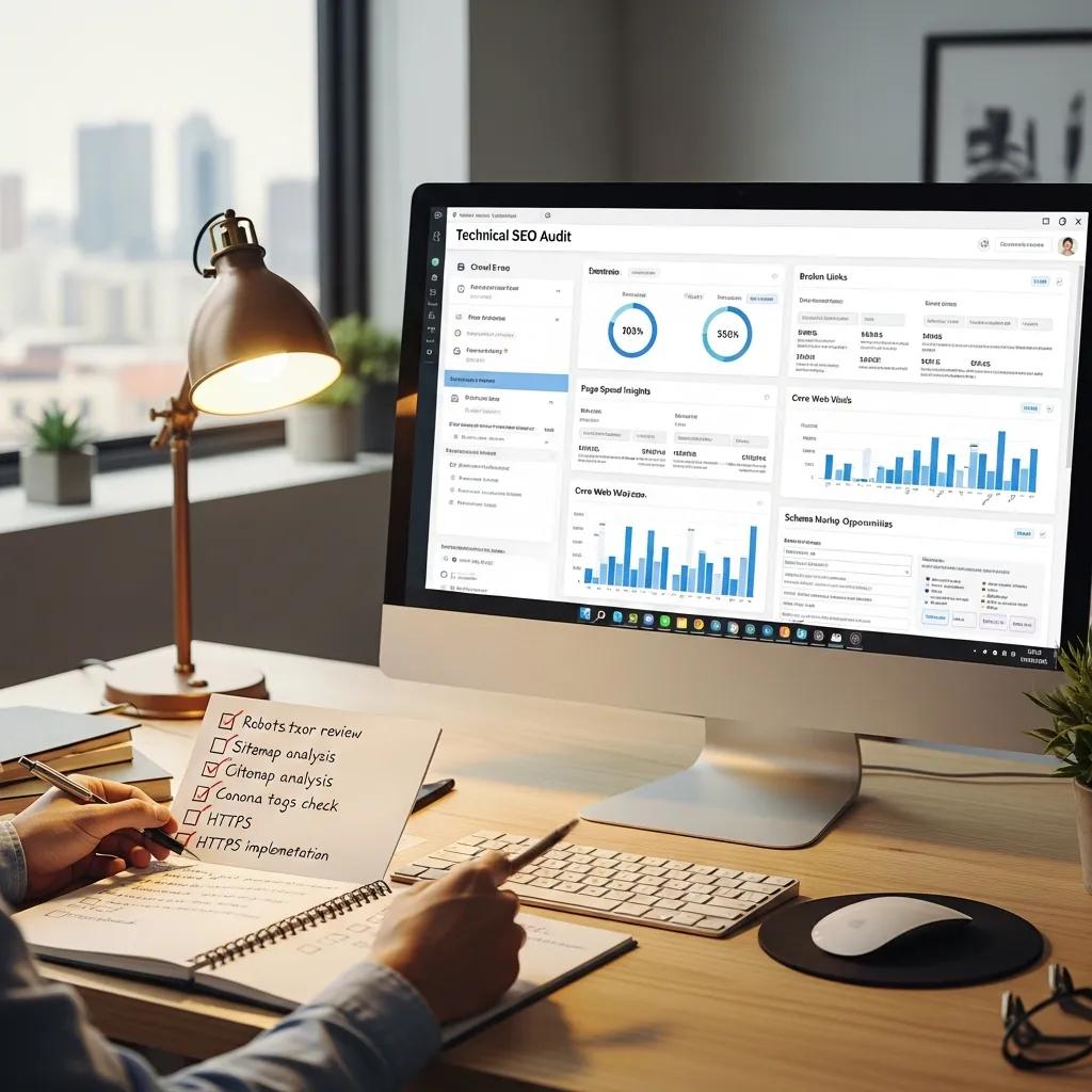Technical SEO audit dashboard with metrics and suggestions on a computer screen