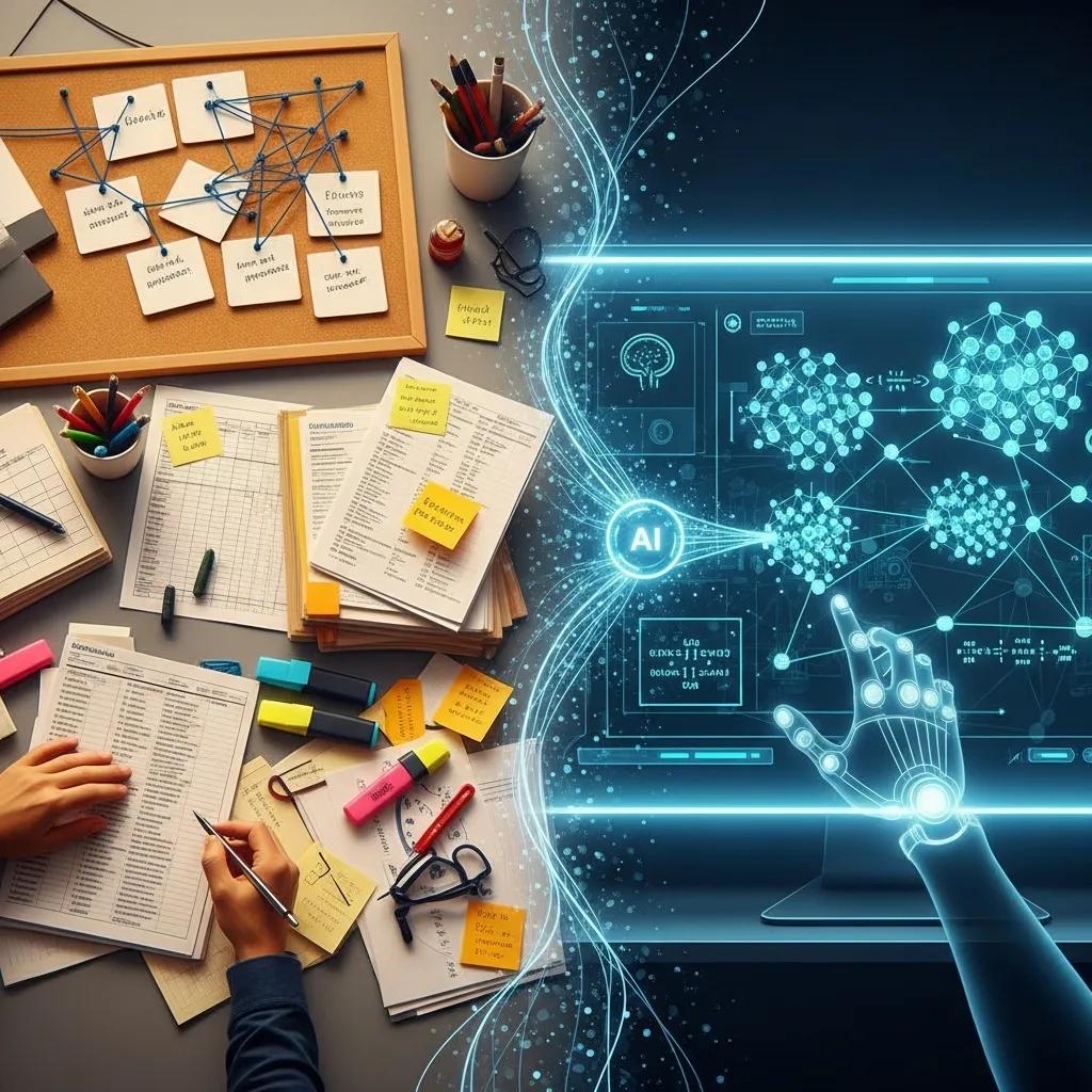 Transformation of traditional keyword clustering methods through AI, showing manual processes versus automated digital interfaces
