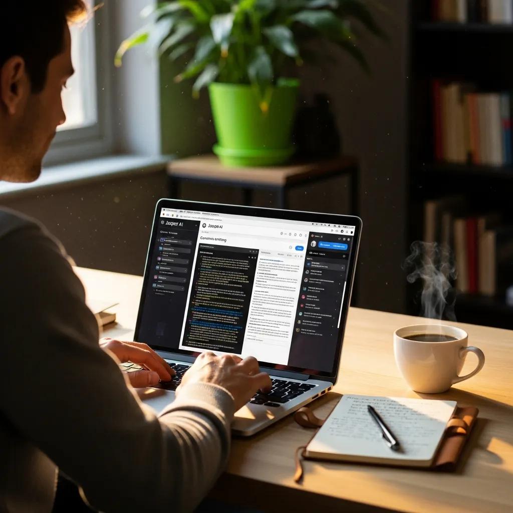 Writer using Jasper AI on a laptop in a bright workspace, symbolizing productivity and creativity